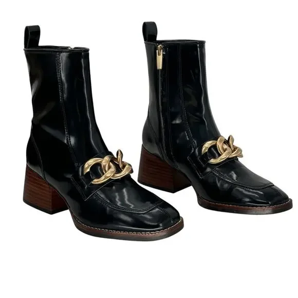 Steve Madden Womens Loreen Chunky Chained Bootie 6.5 Black Faux Patent Leather - Picture 5 of 11